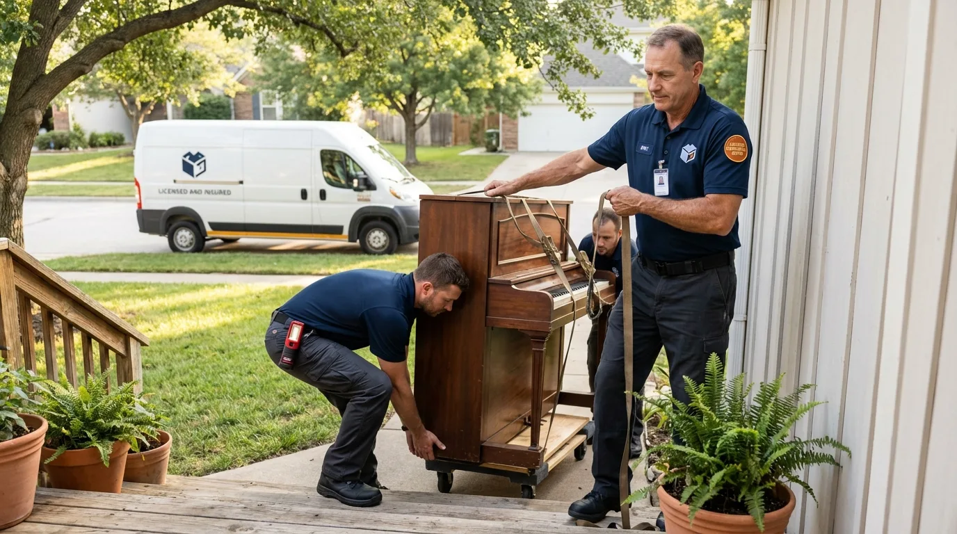 Licensed piano movers securing grand piano in Bradford, RI