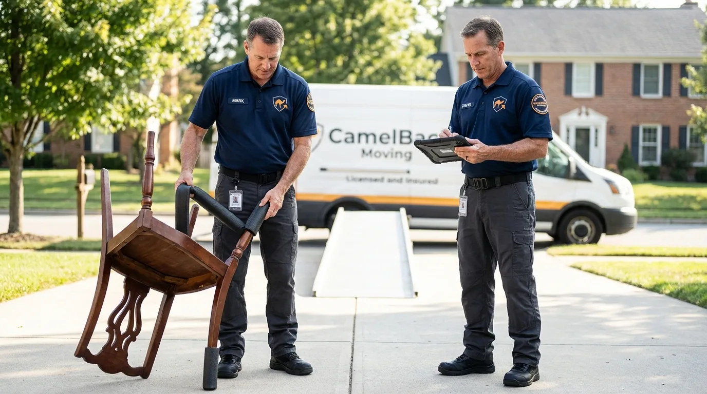 Movers inspecting furniture for damage prevention before loading in Bradford, RI