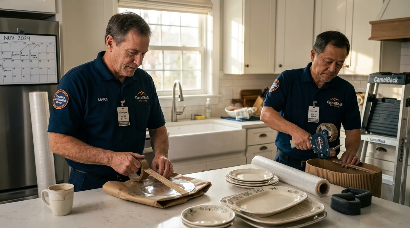 Professional crew packing kitchen dishware in Bradford, RI